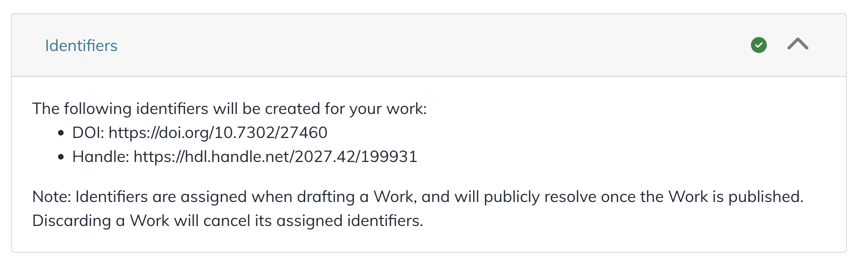 Deep Blue Documents New Deposit page showing the DOI and handle generated.
