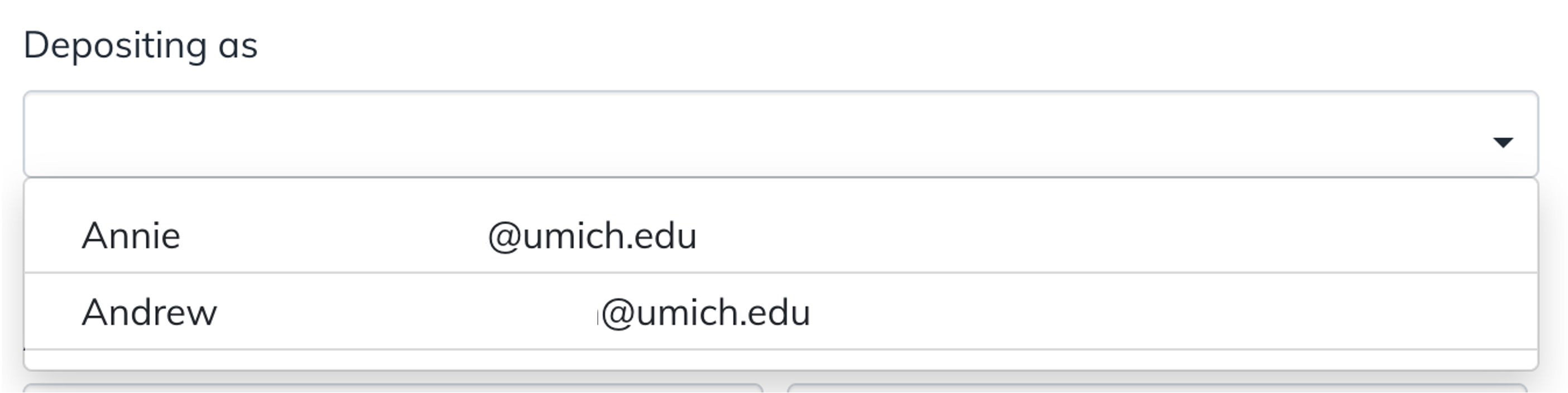 Deep Blue Documents Deposit page showing 'Depositing As' dropdown.