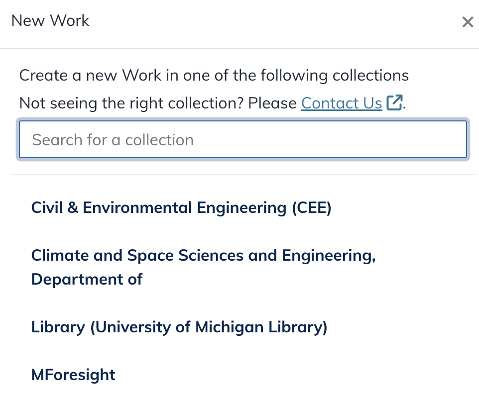 Deep Blue Documents pop-up window showing a list of available Collections to choose from.