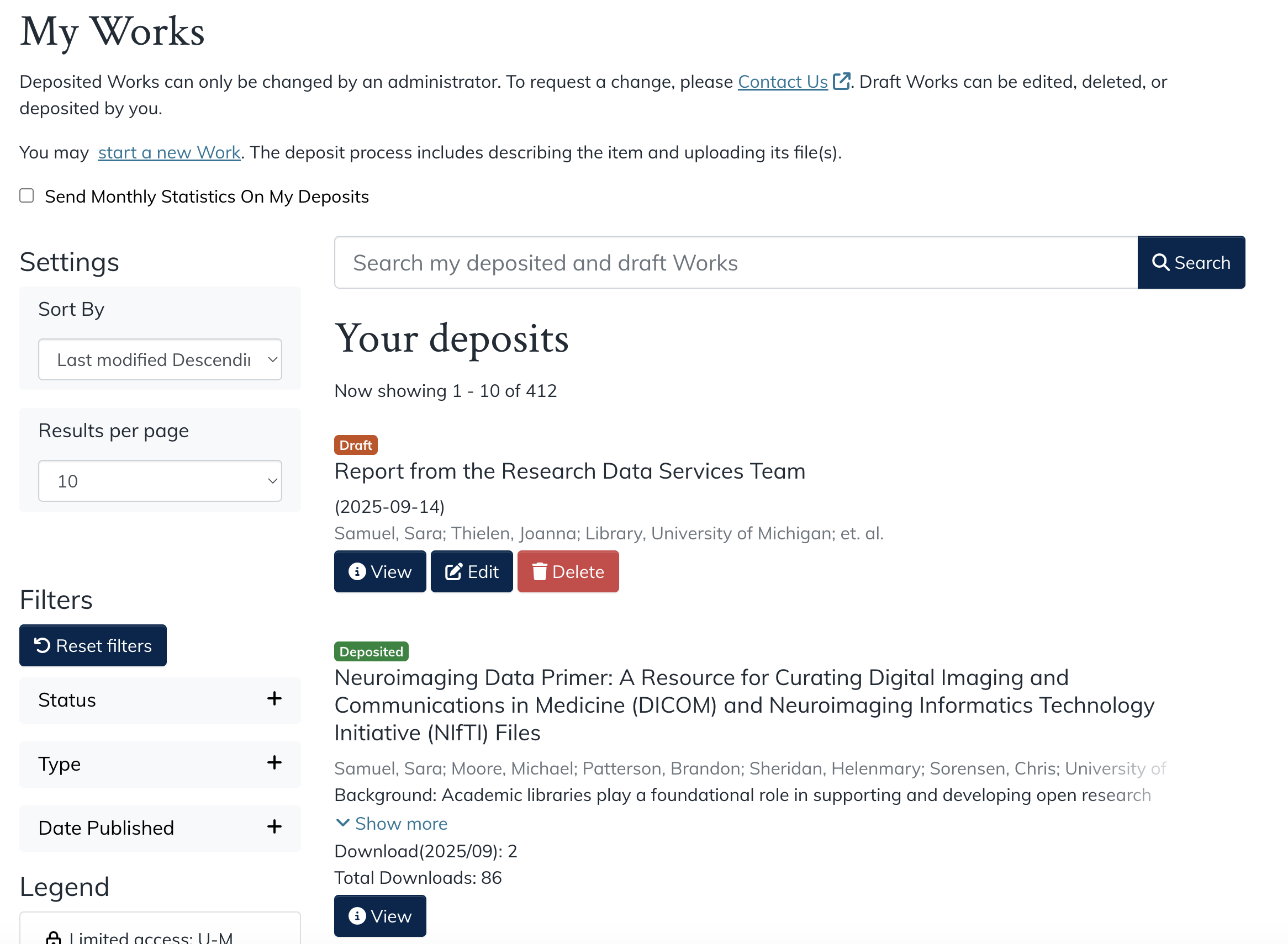 Screenshot of the 'My Works' page in Deep Blue Documents, showing all deposited and drafted Works.