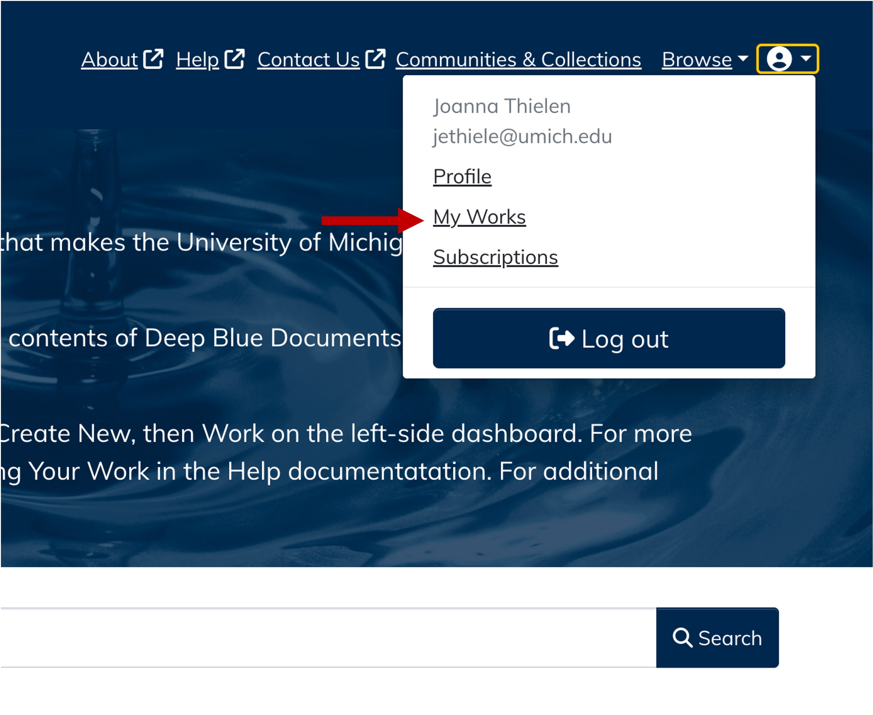 Deep Blue Documents homepage showing the user profile icon in the top right corner. The dropdown is expanded, highlighting the 'My Works' option for submitting documents.